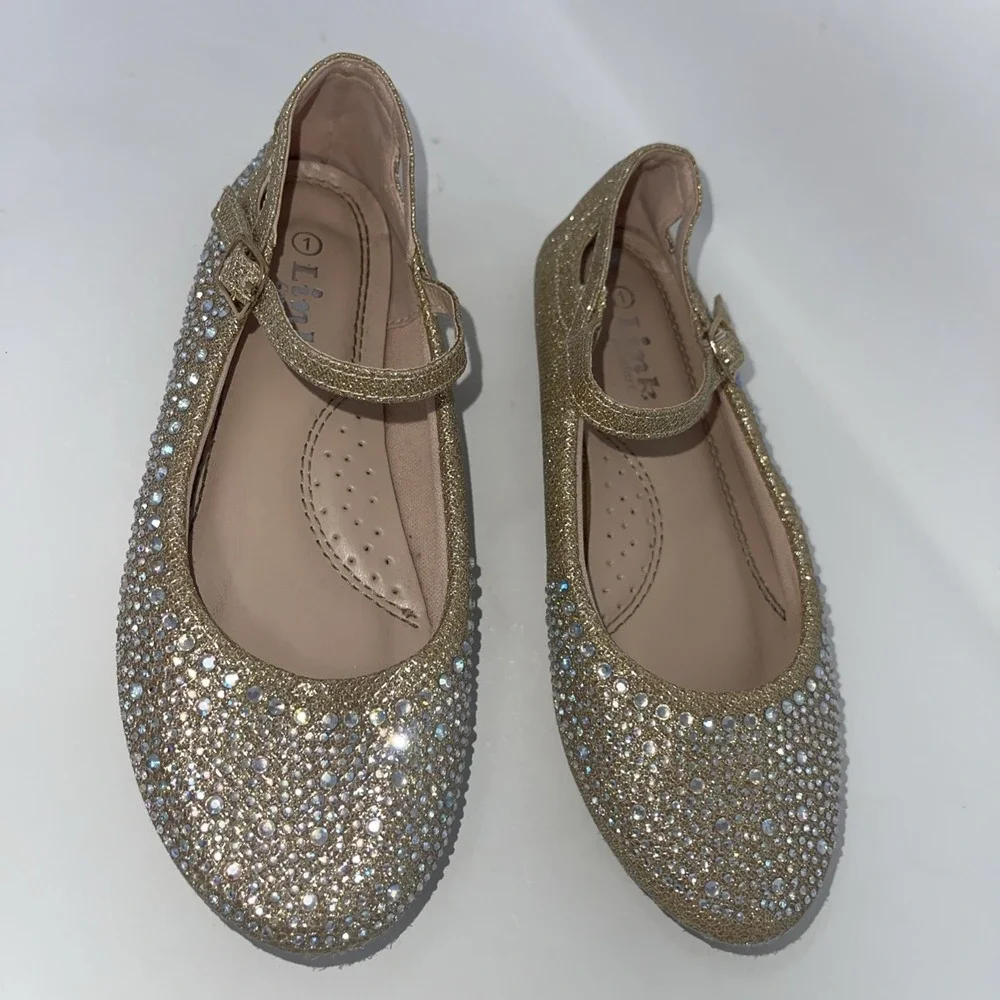 Girls Size 1 Gold Rhinestone‎ Encrusted Glittery Mary Jane Flat Dress Shoes
